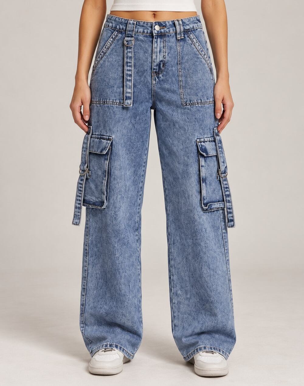 Your Cute Jeans Size 9 Acid Wash Wide Leg Cargo Jeans D-Ring Straps Y2K